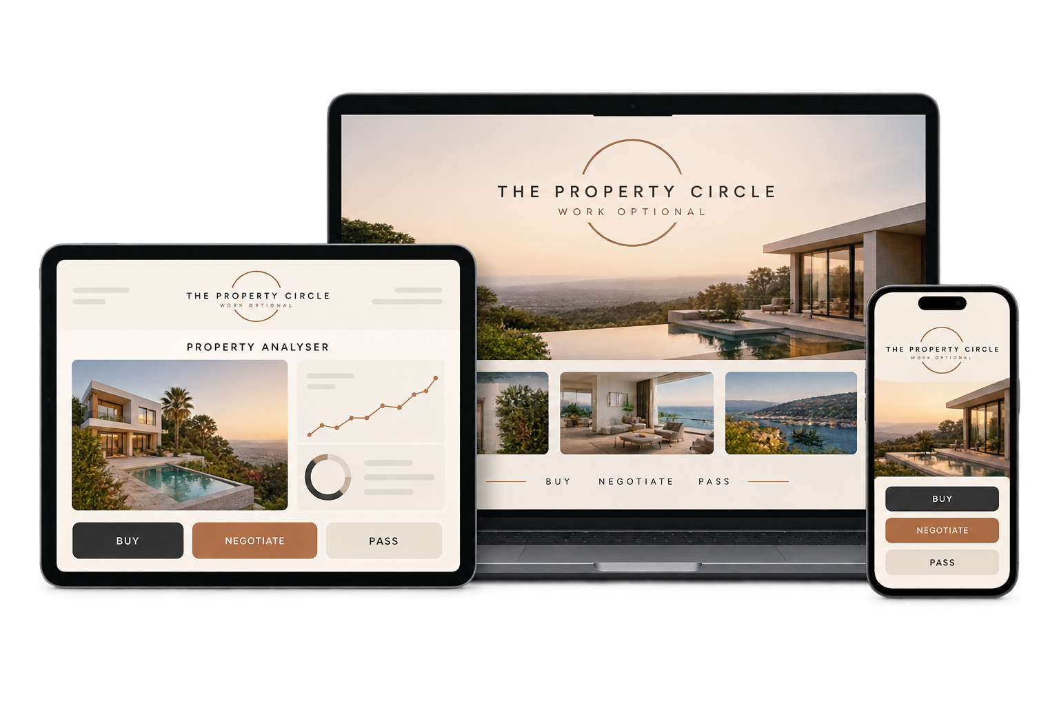 The Property Circle tools shown on a phone, tablet and laptop